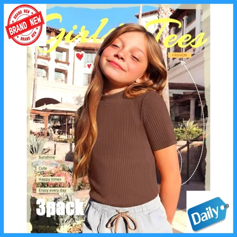 Girls Mock Neck Ribbed Tees 3-Pack Slim Fit Short Sleeve Summer Tops